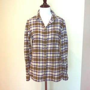 J crew woman’s flannel in olive/blue.
